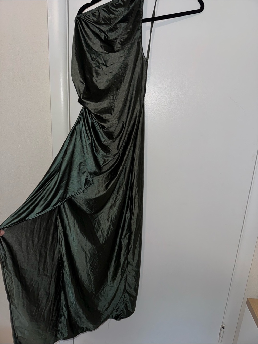 Women’s One-Shoulder Olive Green Satin Dress Size 6